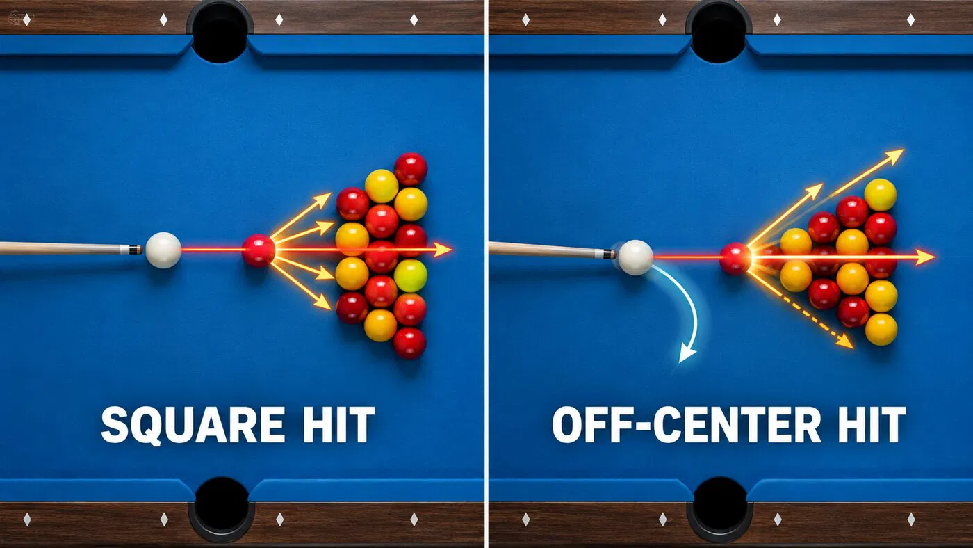 Square rack contact compared with an off-center break hit