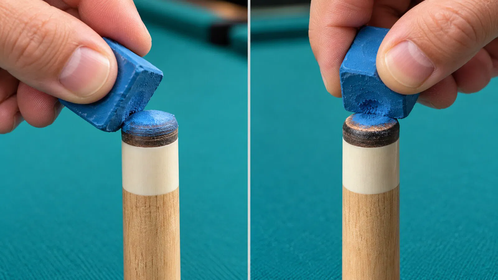 Correct brushing coverage compared with drilling chalk into the center of a cue tip
