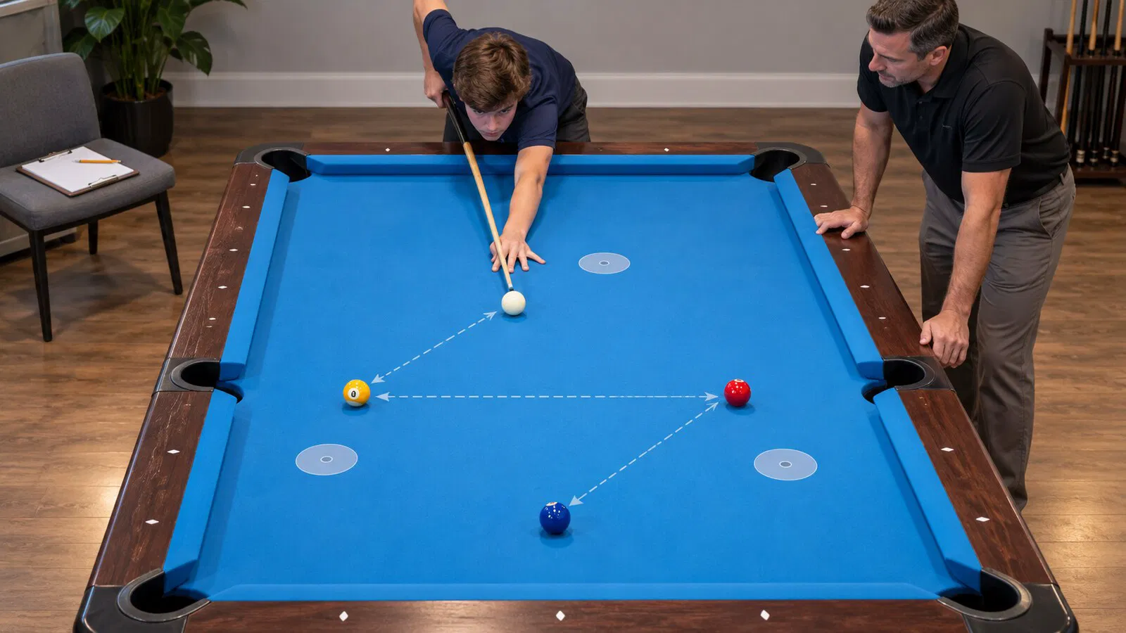 A junior player works through a structured cue-ball-control station while a coach observes