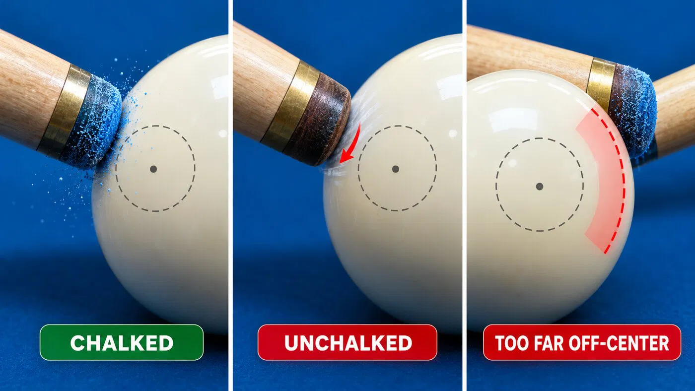 Properly chalked contact, an unchalked slipping tip, and a hit beyond the miscue limit