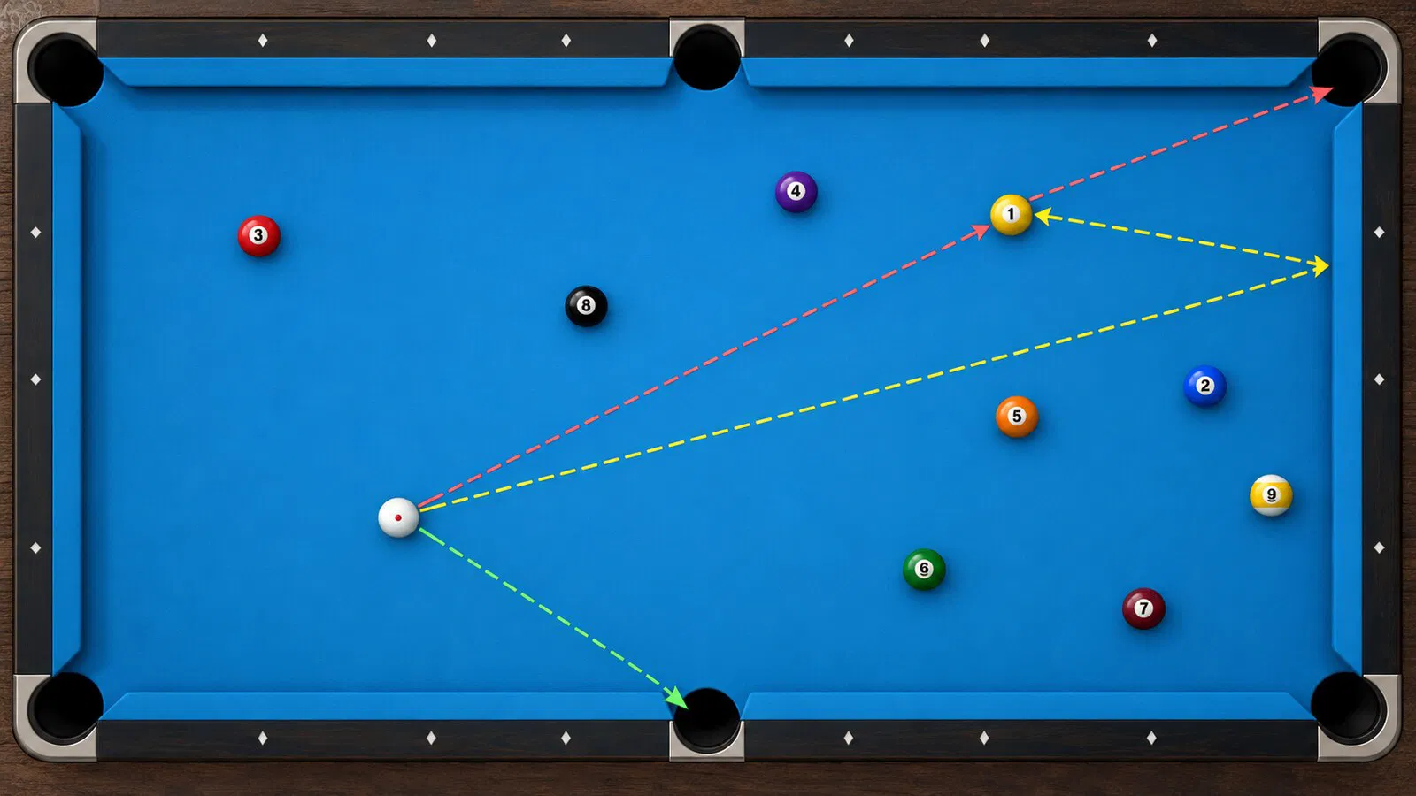Three possible push-out routes after a 9-ball break